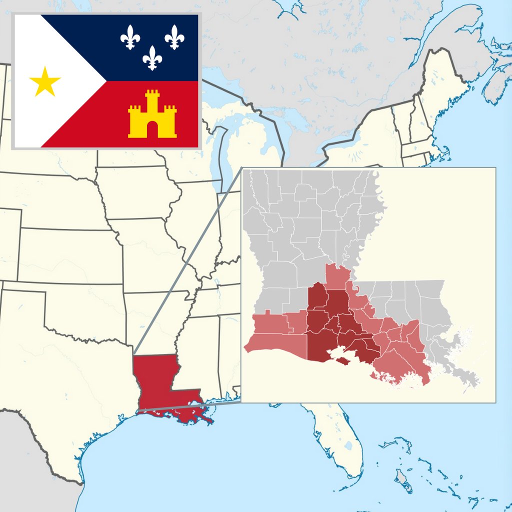 carte de la louisiane avec la zone francophone mise de l'avant