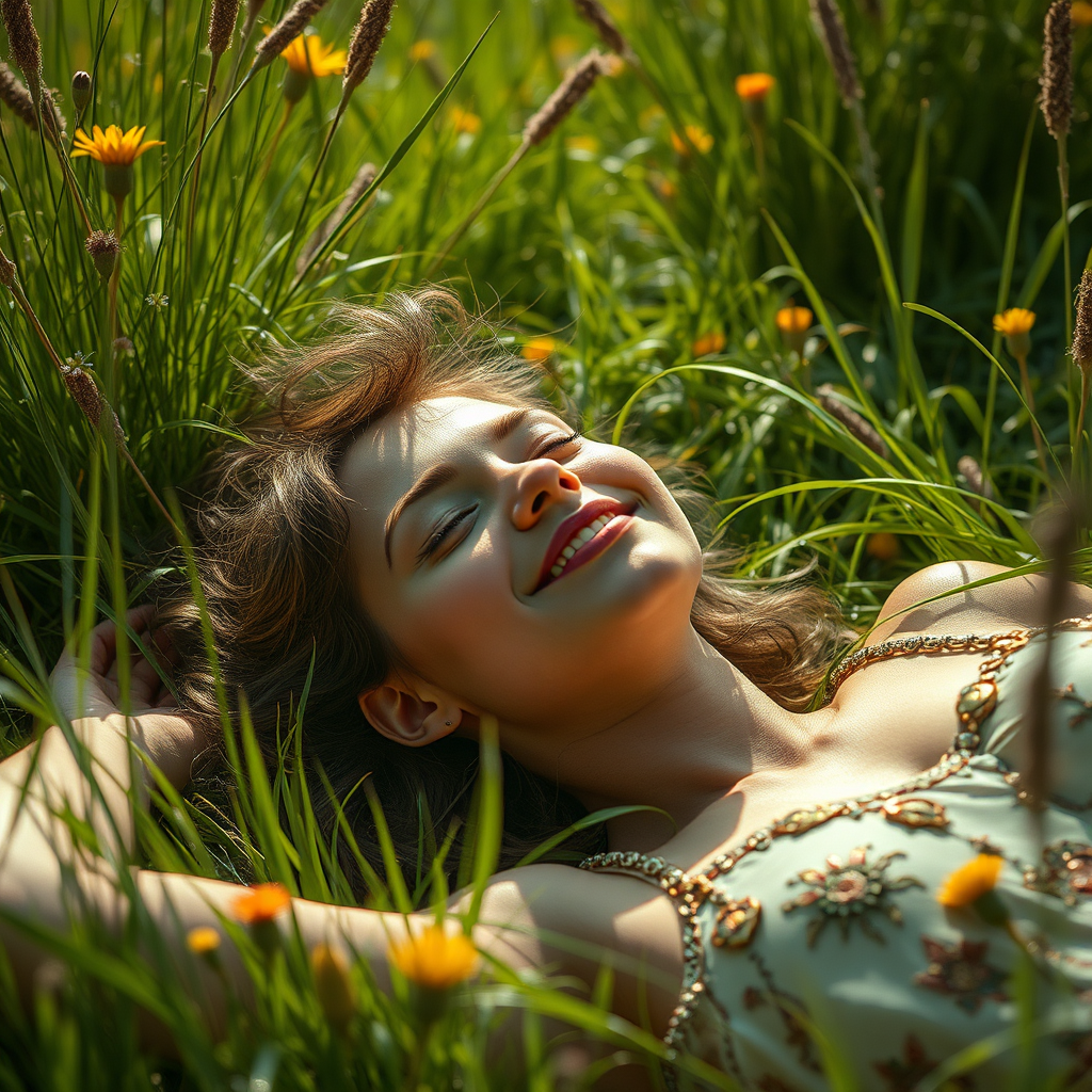 femme couchée dans l'herbe, heureuse