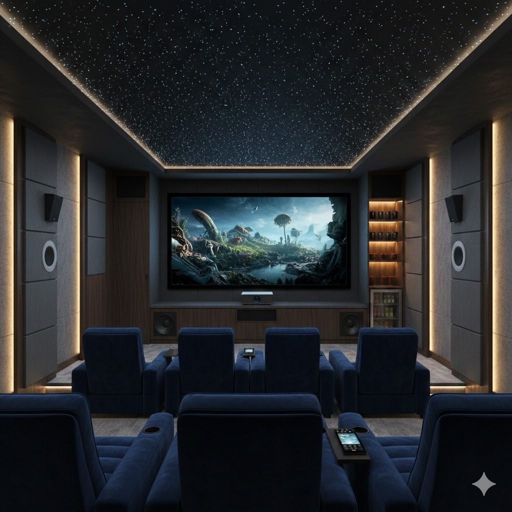 Luxury home cinema installation London with 4K screen and theater seating.