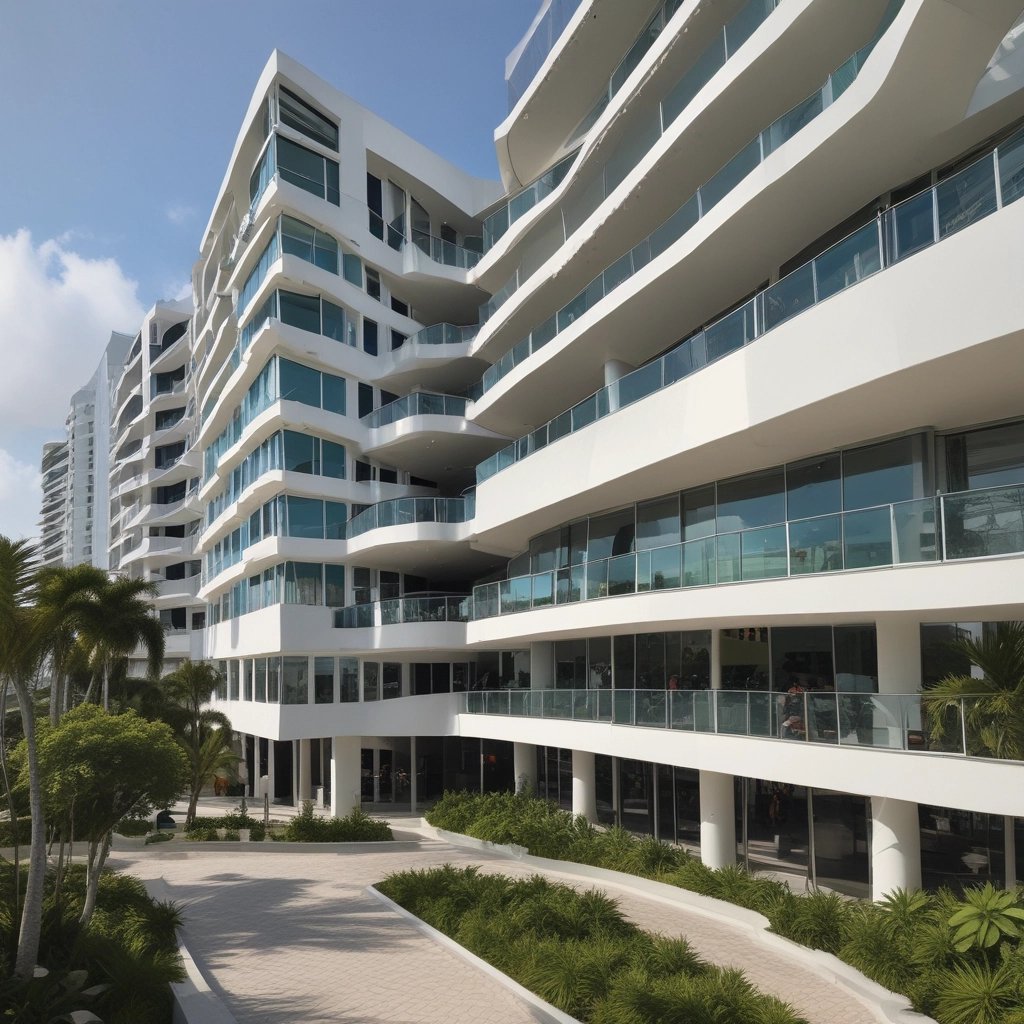 A series of modern, multi-story residential buildings with curved balconies stand under a clear blue sky. The buildings are surrounded by palm trees and are lit by the warm, golden light of the setting sun, casting distinct shadows.