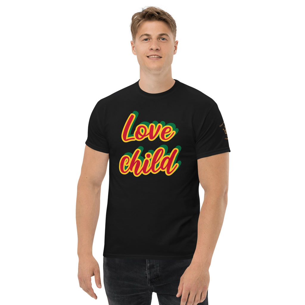 a man in a black shirt with the words love child on it