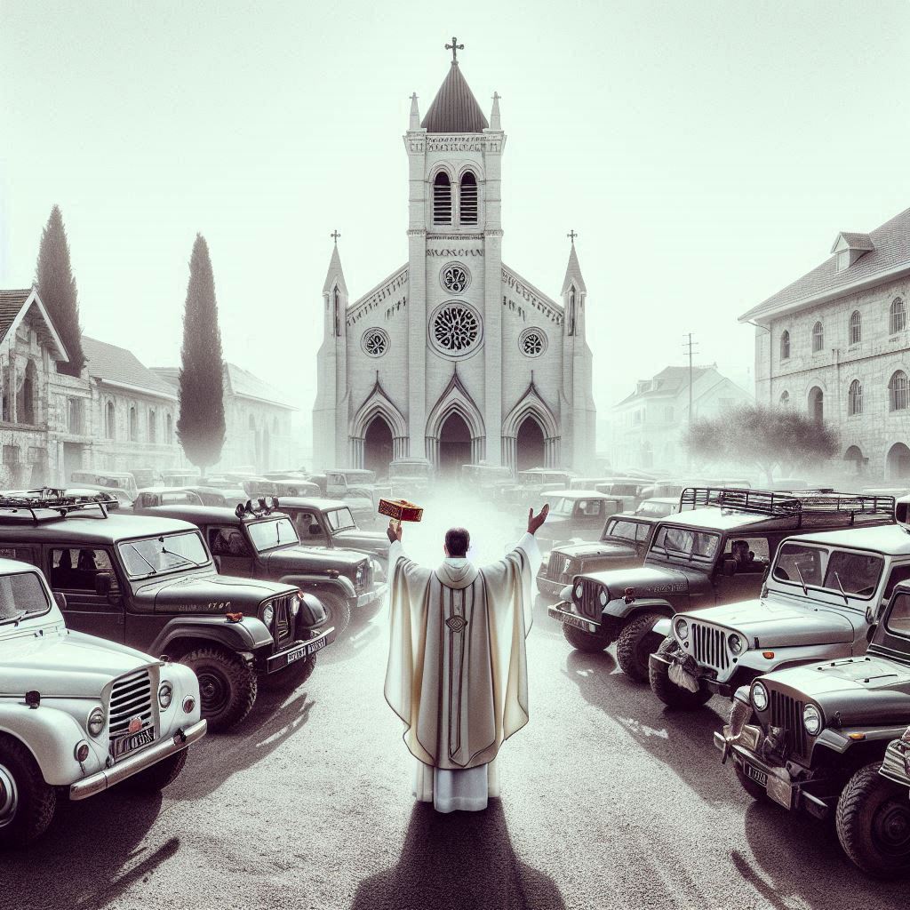 a priest in a white robe standing in front of a church