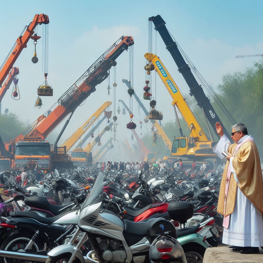 a priest in a white robe standing in front of a large group of motorcycles