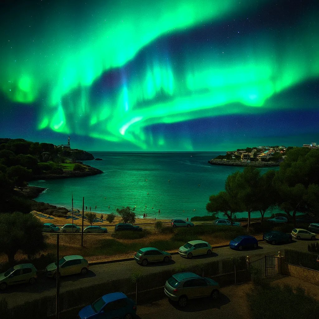 a green and blue sky with a green sky and some cars