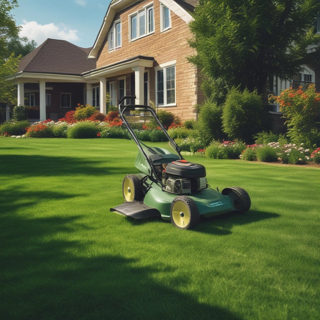 A showroom displaying various garden machinery, including several red riding lawn mowers and a variety of power tools. The central focus is a red ride-on mower with an attached cart. The background features a large window with views of buildings outside.