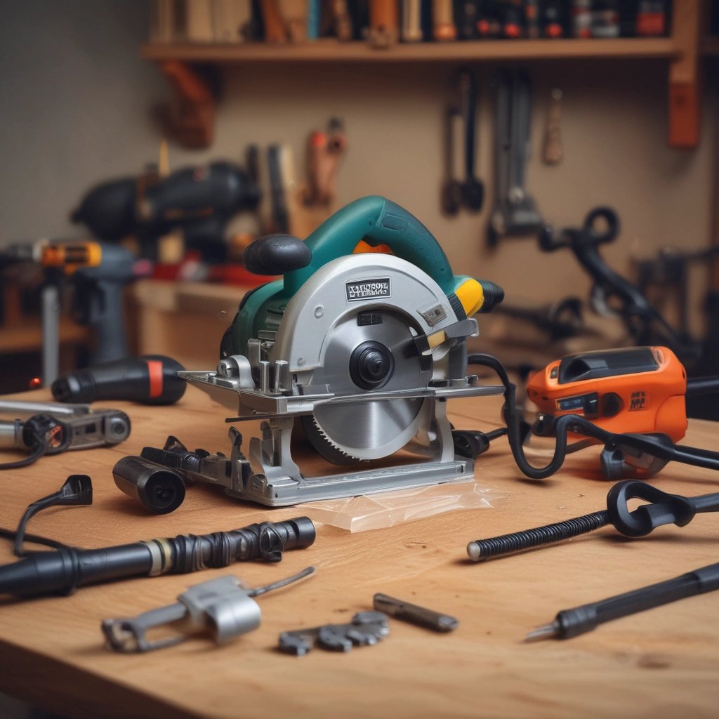 A showroom displaying various garden machinery, including several red riding lawn mowers and a variety of power tools. The central focus is a red ride-on mower with an attached cart. The background features a large window with views of buildings outside.