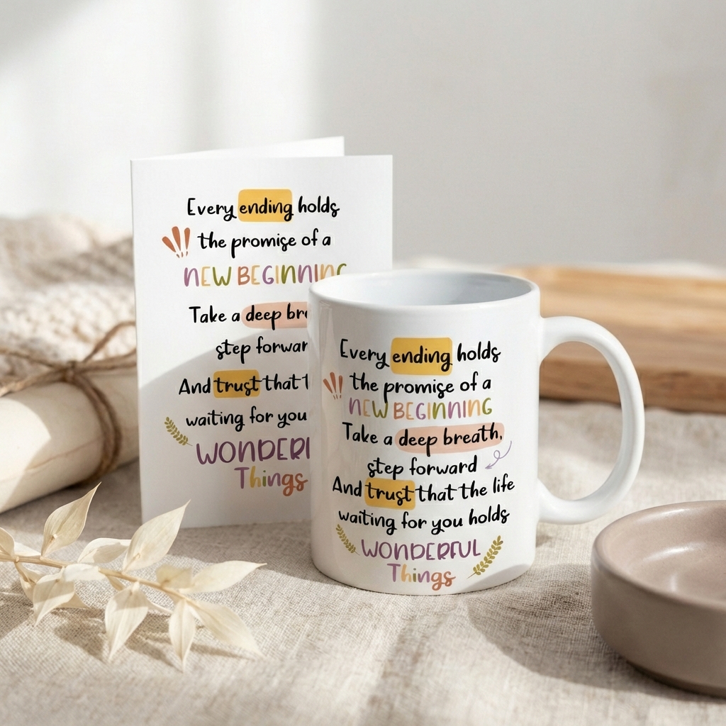 Inspirational white ceramic coffee mug and matching card with a motivational quote about new beginnings.