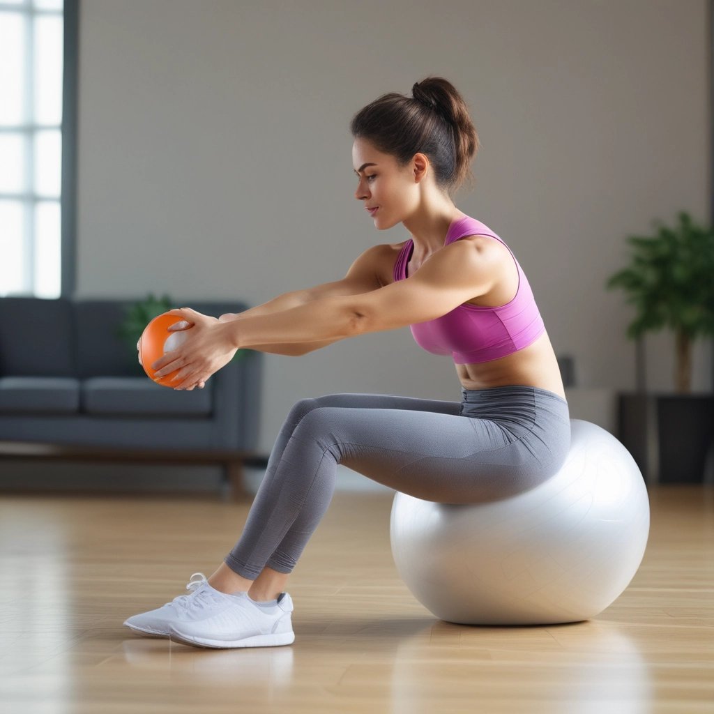 woman in white tank top and gray leggings doing push up on black exercise ball on near near near near