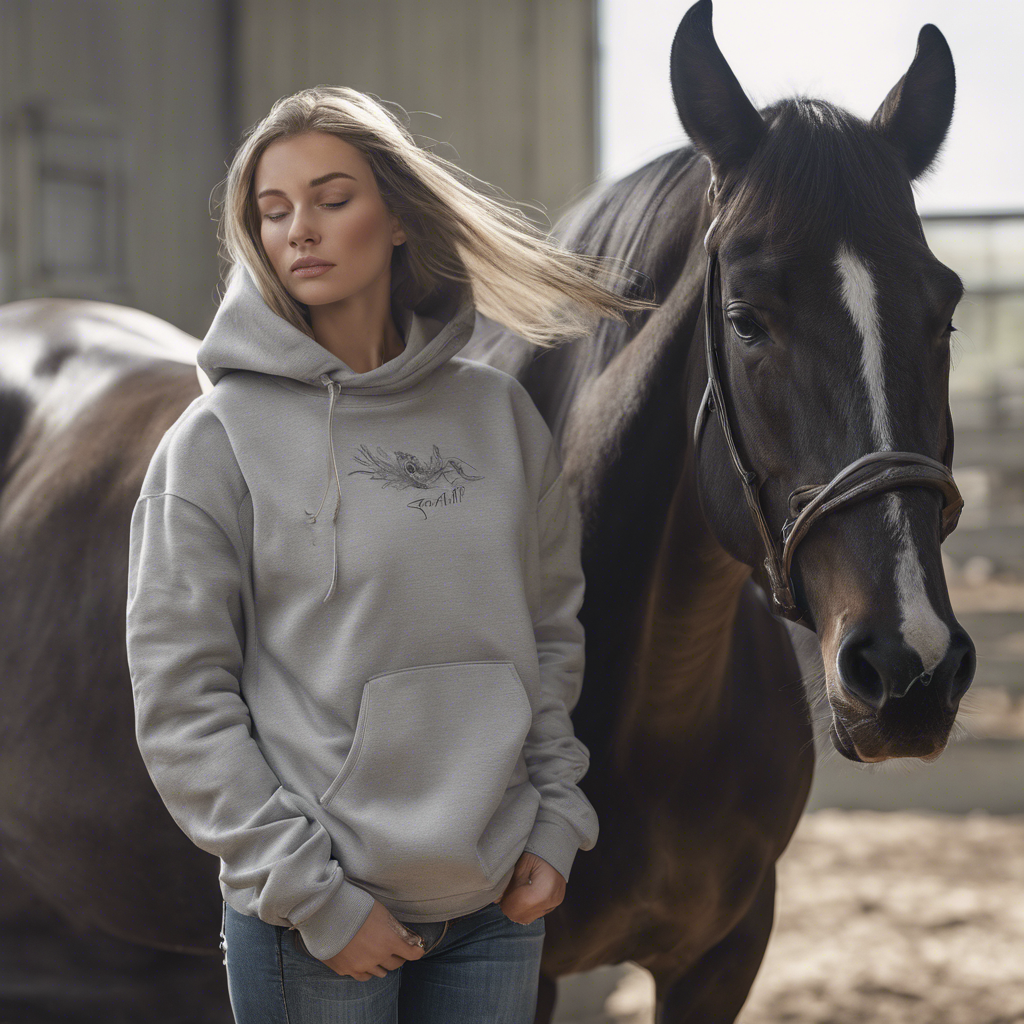 a woman in a sweatshirt standing next to a horse
