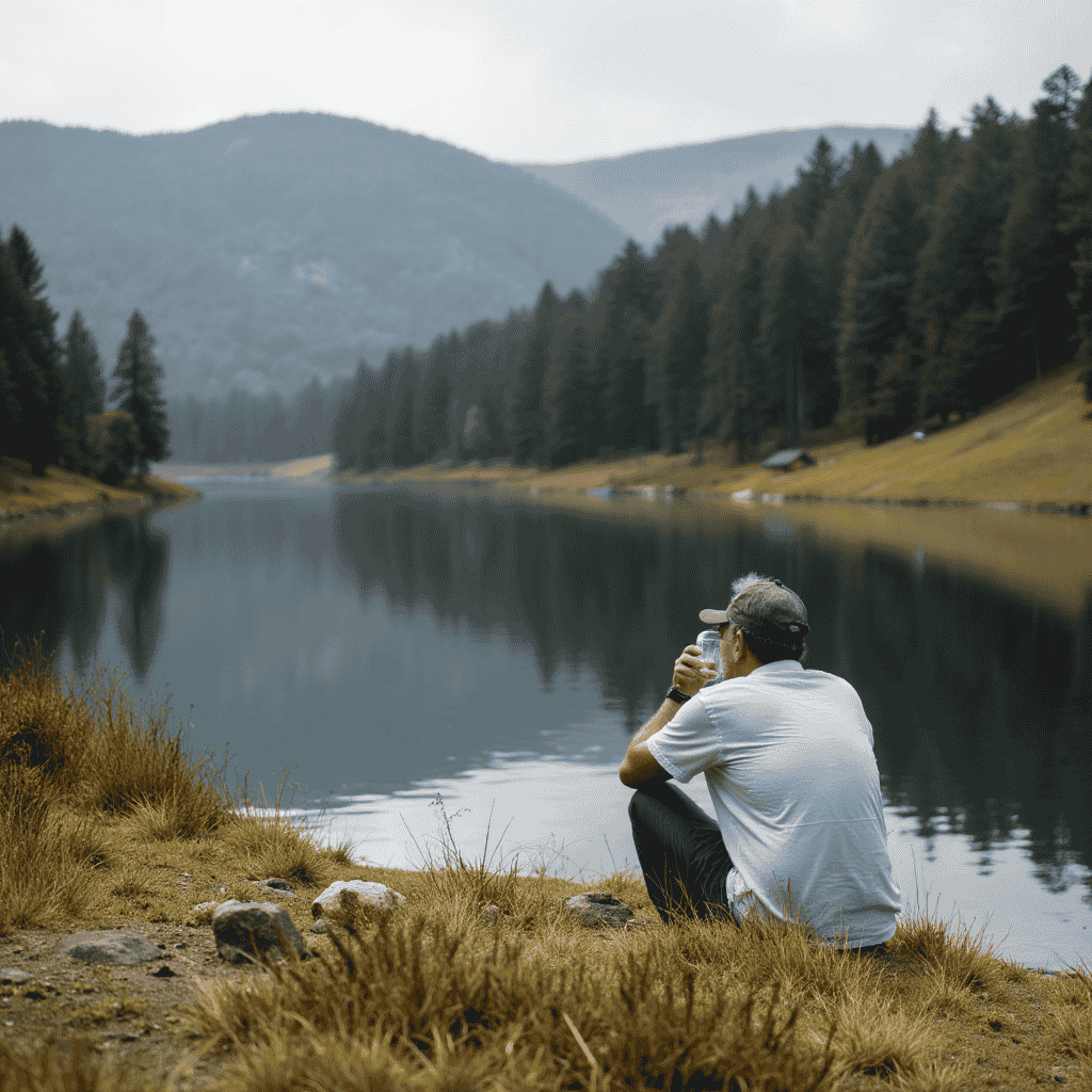 Man enjoying a glass of water by a lake