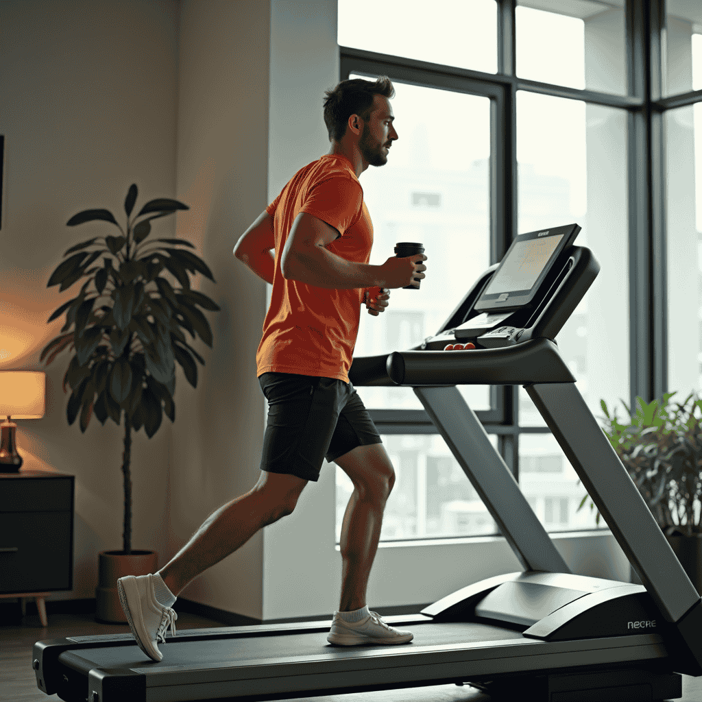 Man on a treadmill drinking coffee