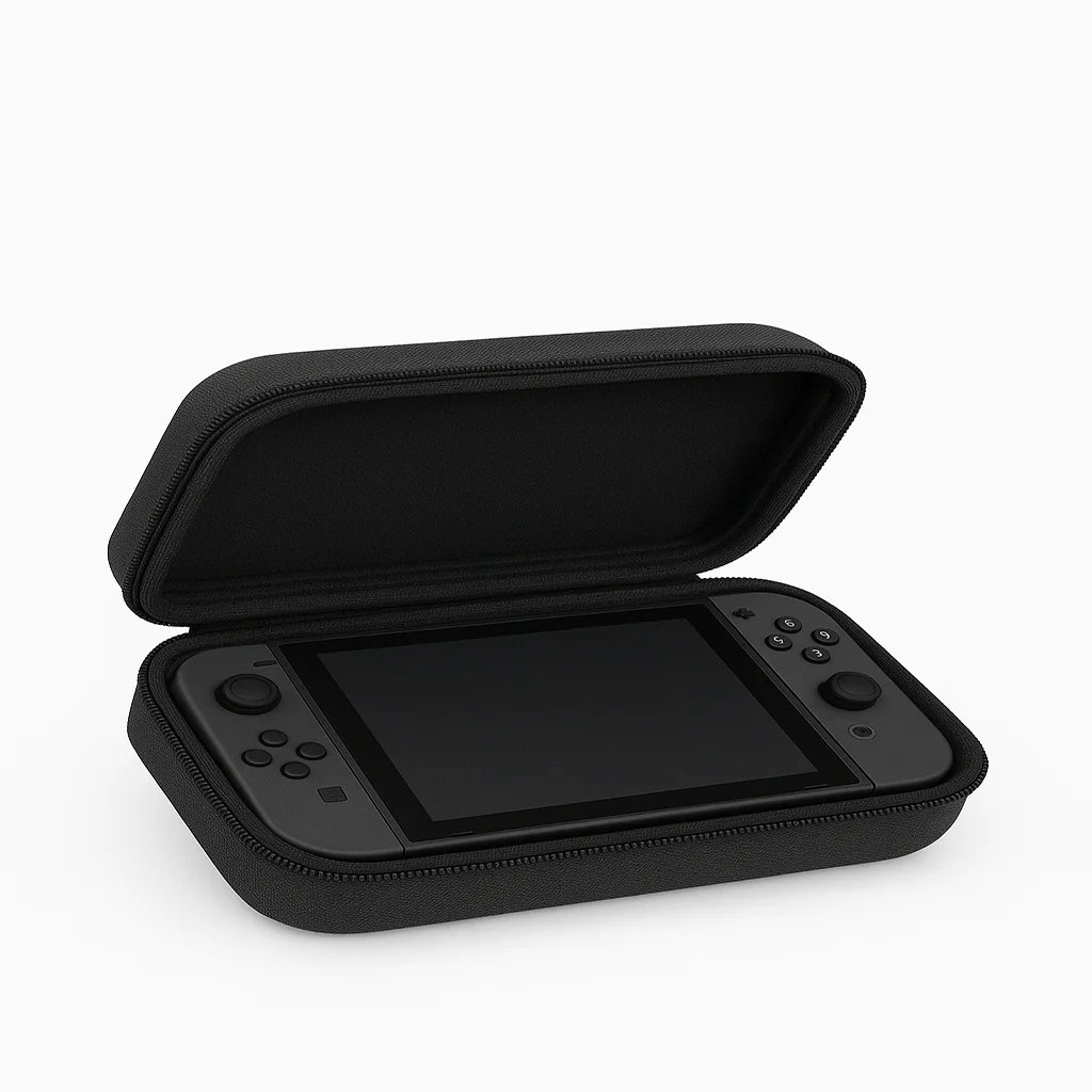 Black handheld gaming console inside an open portable protective travel carrying case.