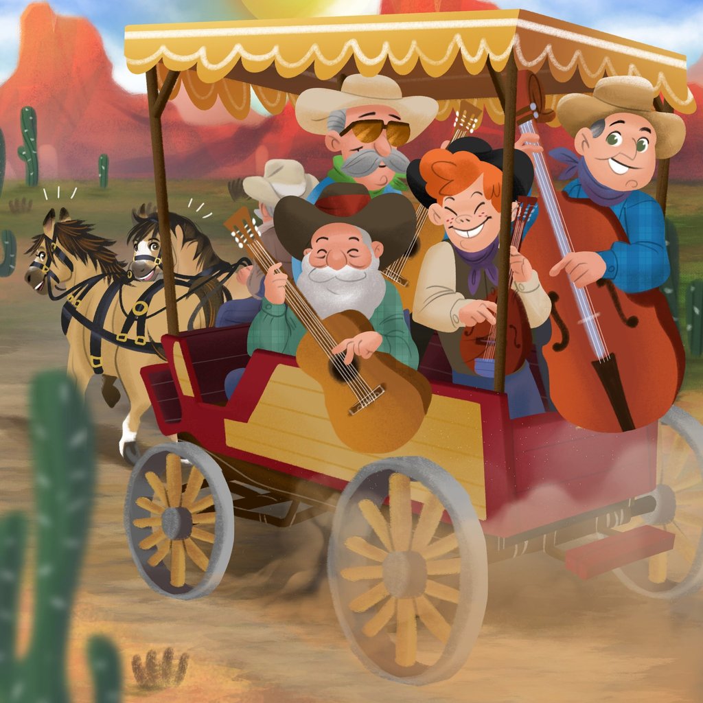 Cartoon band of singing cowboys playing instruments on a horse-drawn stagecoach in a desert landscape.