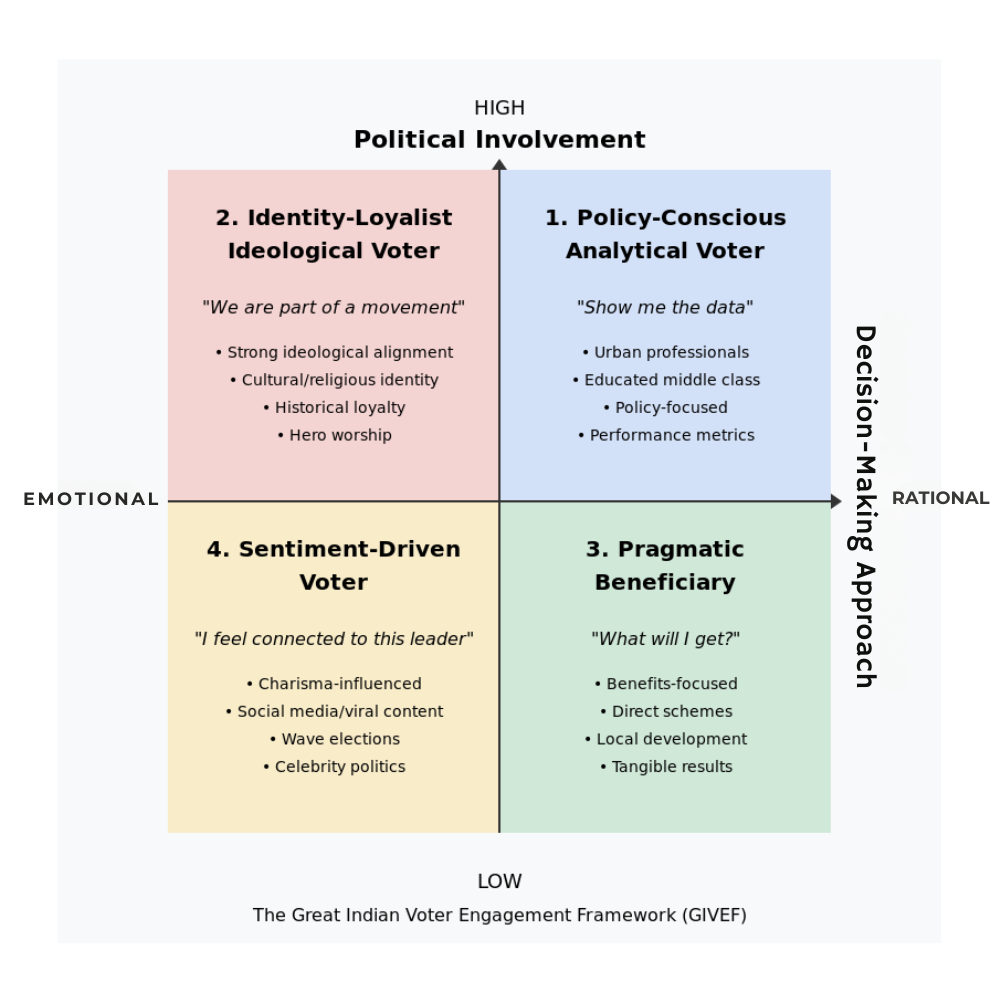 This visual represents how the four voter types are positioned across the axes of involvement