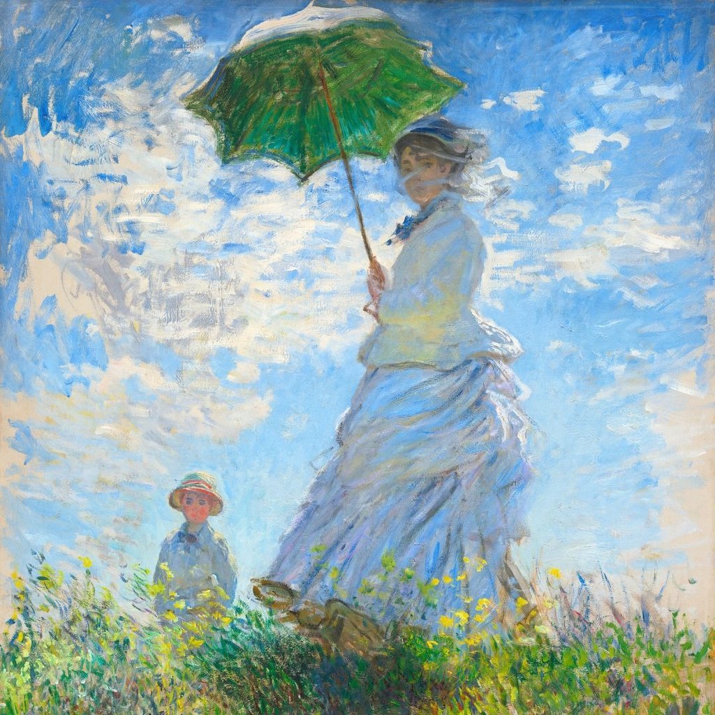 a painting of a woman holding a green umbrella