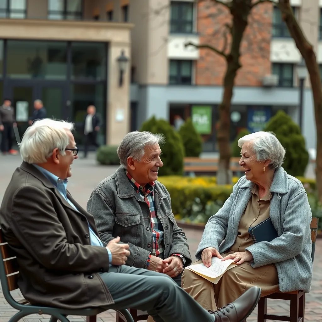 kleine Gruppe älterer Menschen sitzt draussen und sie unterhalten sich fröhlich