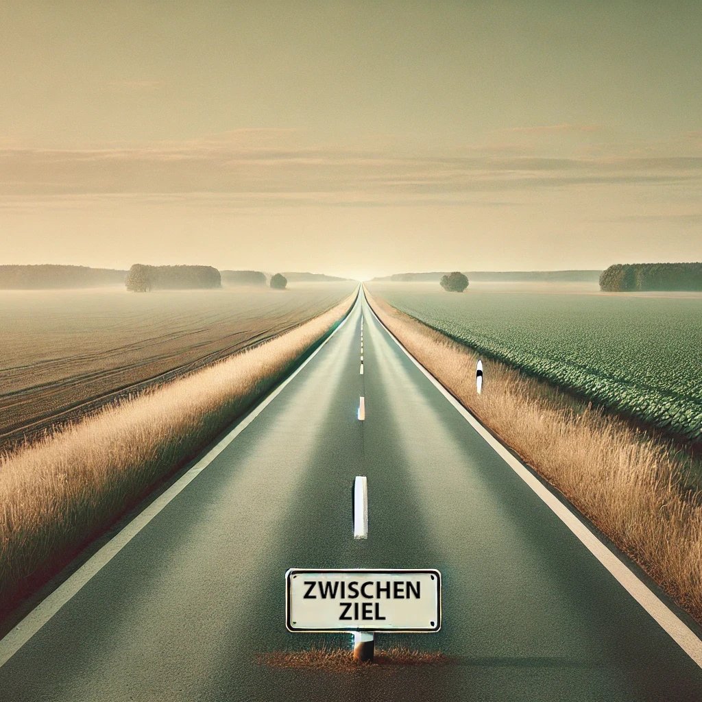 lange Strasse mit dem Schild Zwischenziel