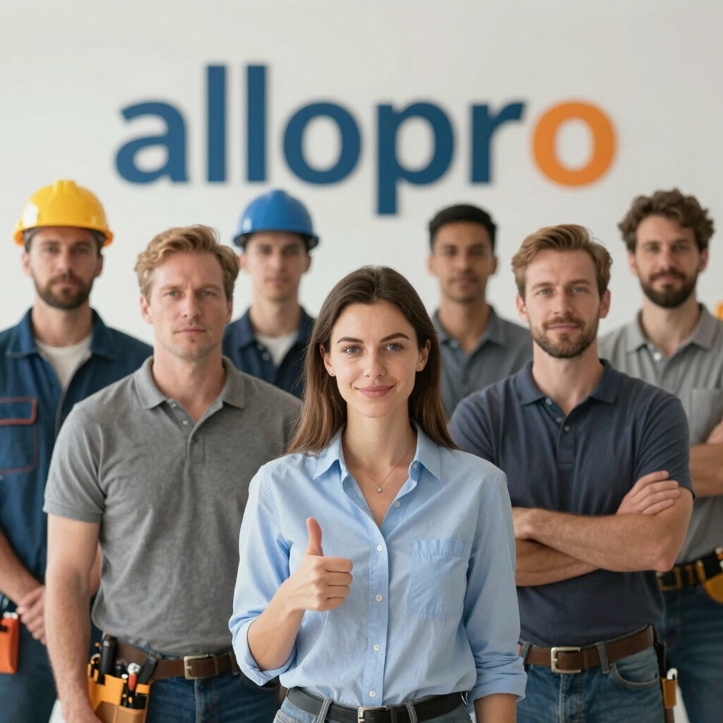 A diverse team of skilled home service professionals and handymen posing in front of an Allopro logo.
