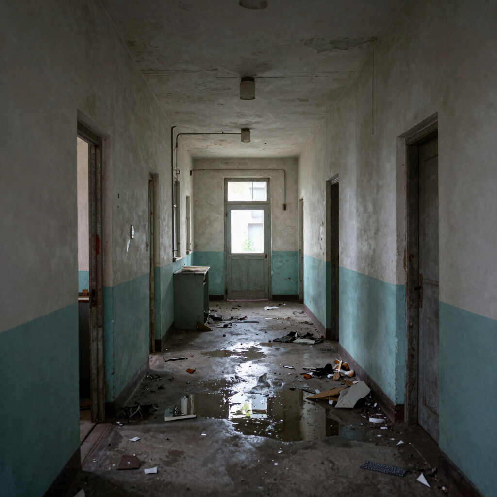 Spooky gothic asylum with a clock tower under a full moon in a foggy, dark night setting.
