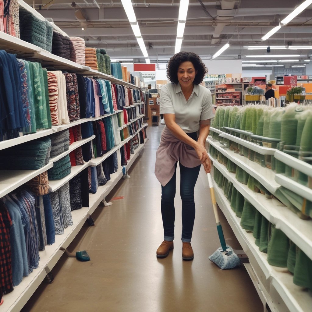 A woman in a dark uniform with a white apron and hair ribbon is cleaning the handle of a door. The setting appears to be the entrance to an old building with stone walls and a metal grate on the ground. A brass-finished metal container is positioned near the entrance.