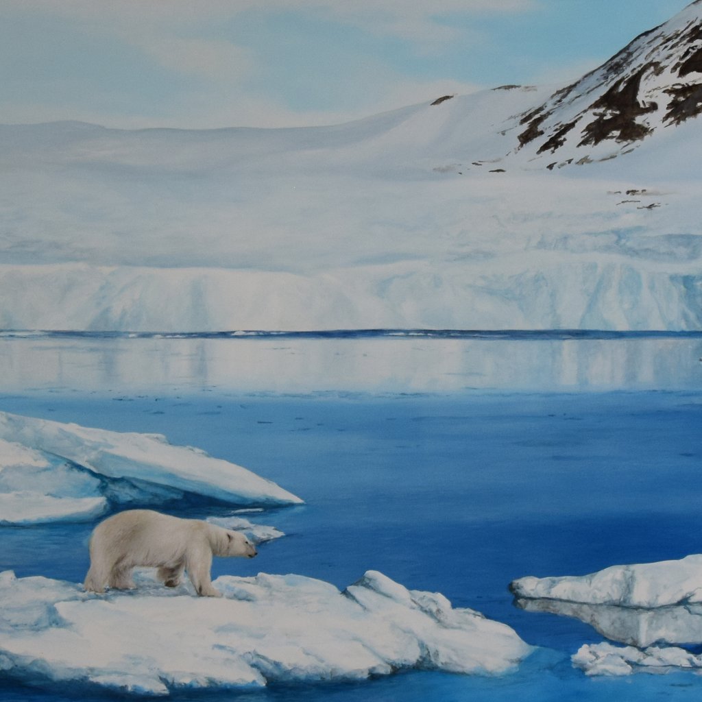 En peinture, un ours blanc marche paisiblement sur un iceberg, en arrière plan le glacier Svalbard