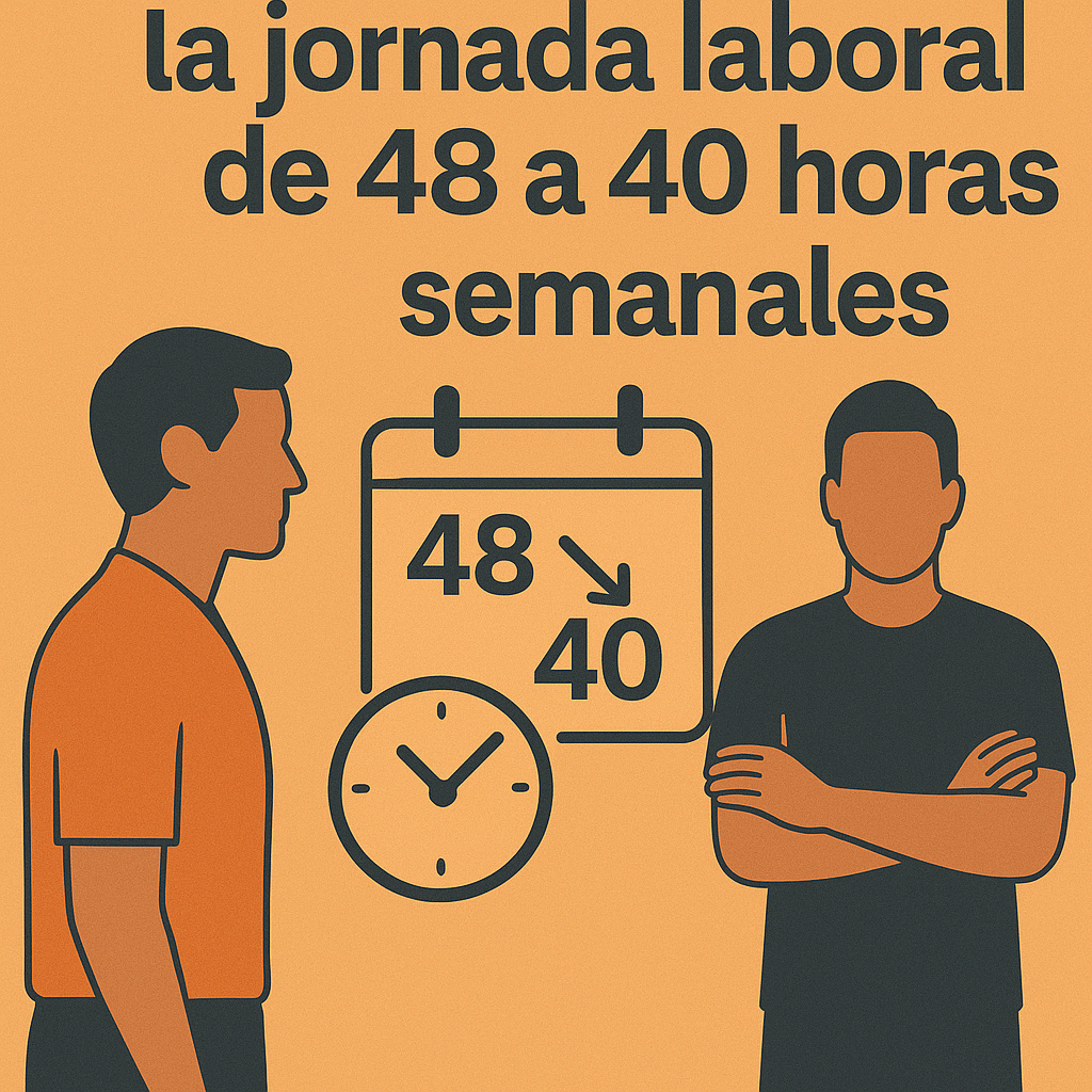 empleados y un reloj de tiempo, indicando que la jornada laboral se reduce de 48 a 40 horas semanale