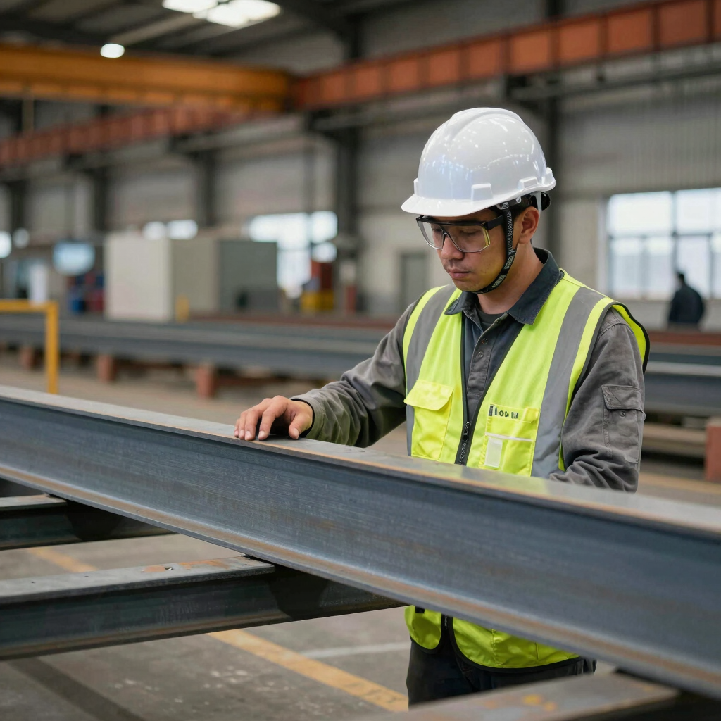 Industrial worker in a hard hat and safety vest inspecting steel beams in a metal fabrication factory.