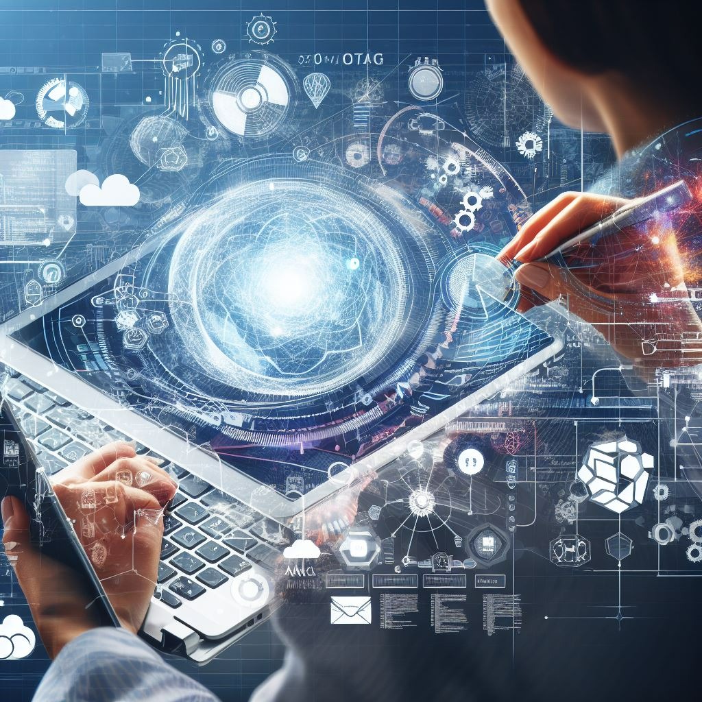 a person holding a laptop computer and a tablet