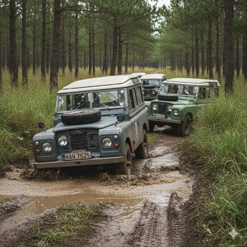 Mobil 4x4 Land Rover klasik melewati trek berlumpur yang dikelilingi pohon pinus