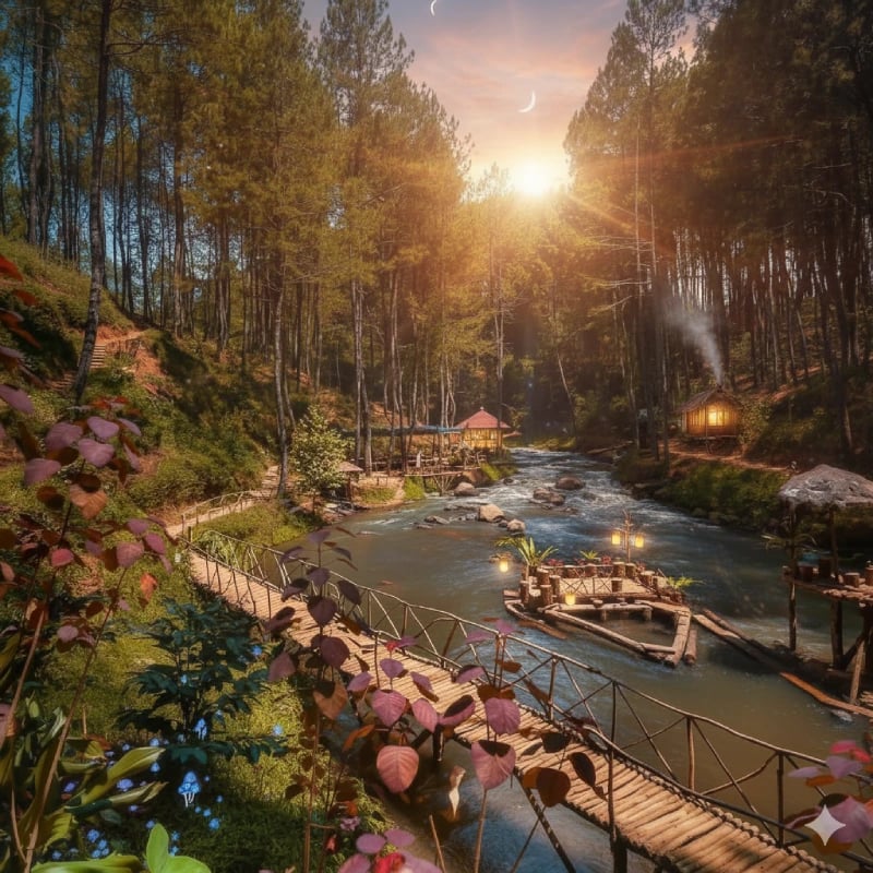 Sebuah jembatan kayu melintasi sungai yang mengalir di hutan pinus yang rimbun, dengan pondok-pondok di tepi sungai, di bawah