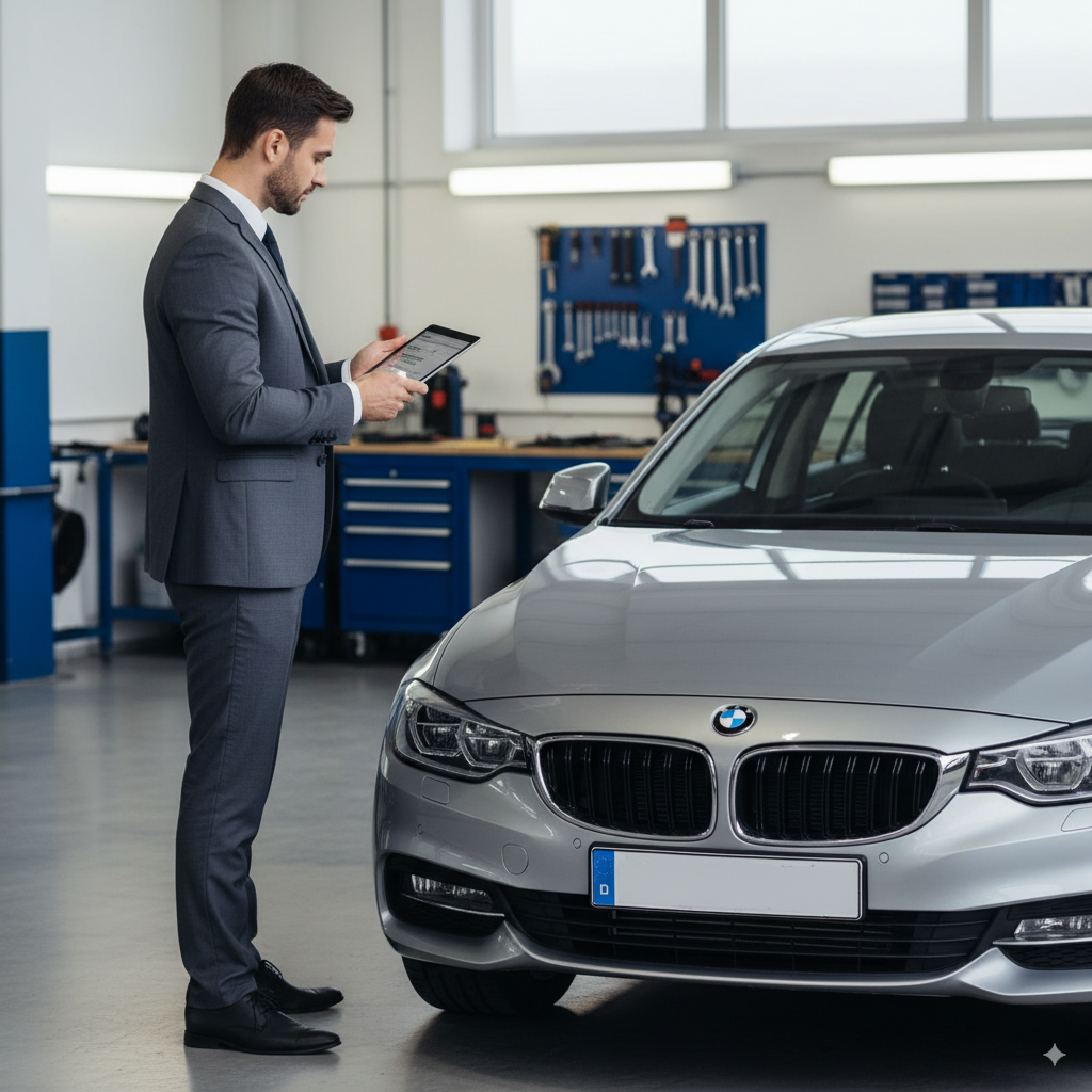 Perito judicial inspecciona un coche con una tablet durante una valoración pericial