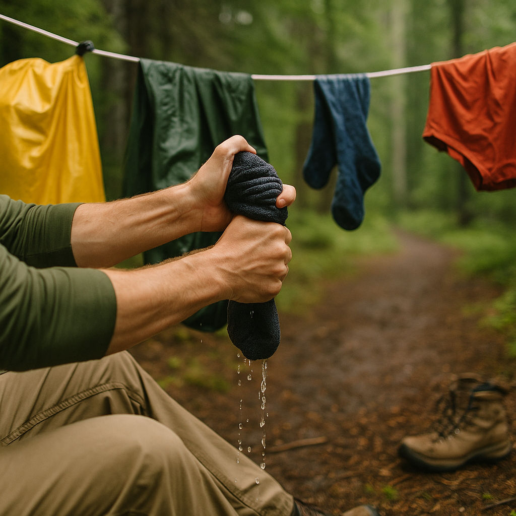 Hand wringing wet socks near clothesline at forest campsite showing how to dry gear and manage comfort in the wild