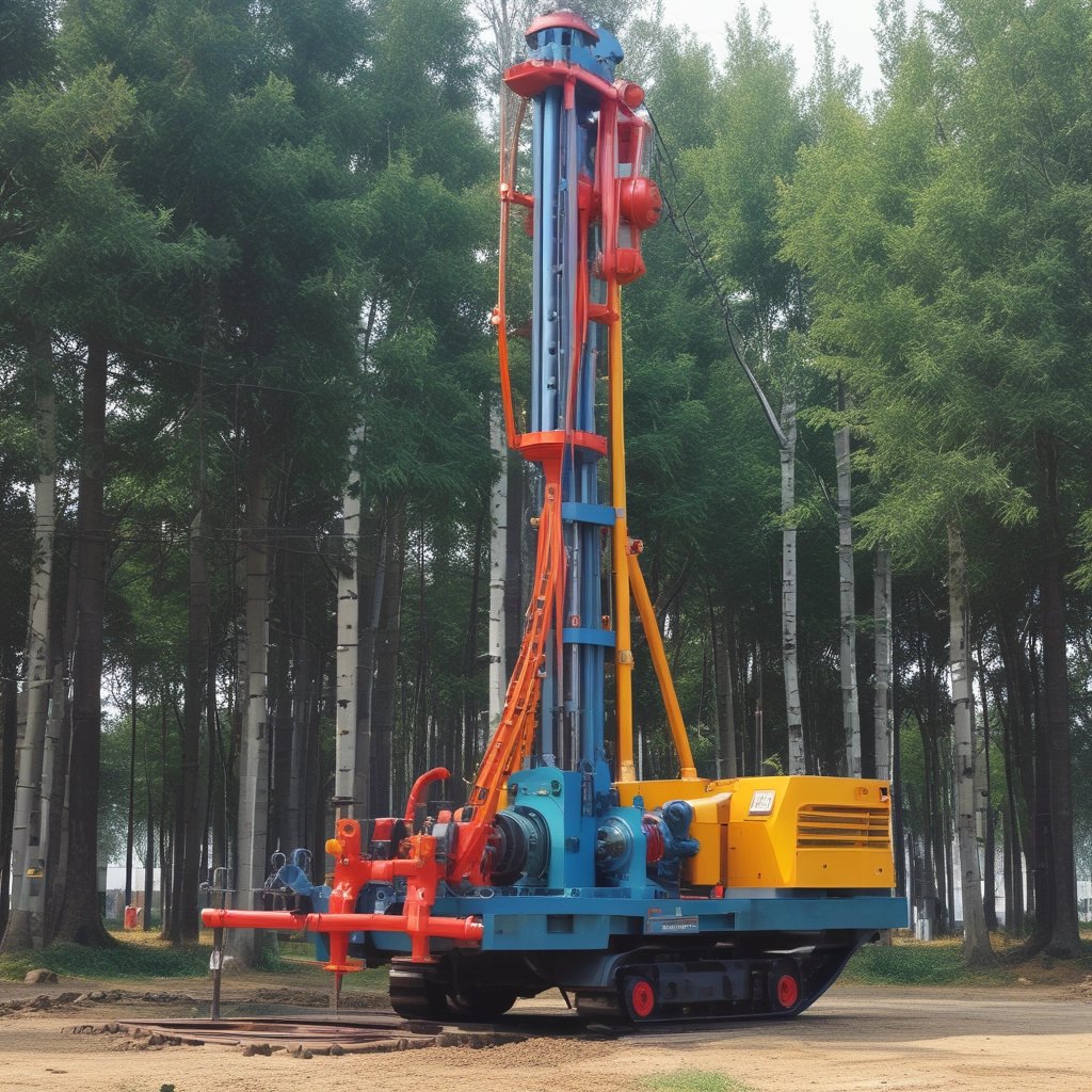 Industrial hydraulic rotary drilling rig machine operating in a forest for geotechnical soil sampling.