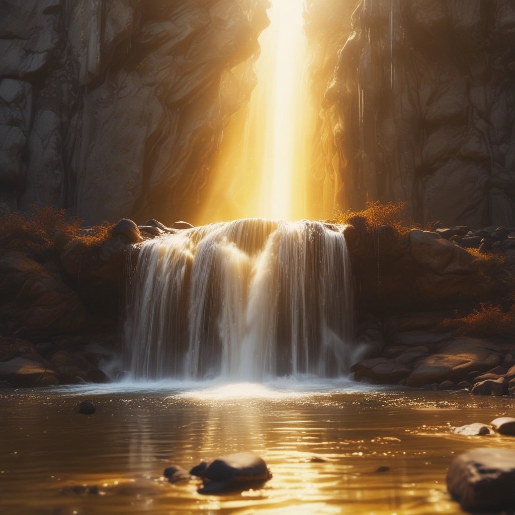 healing golden light energy flowing down a waterfall