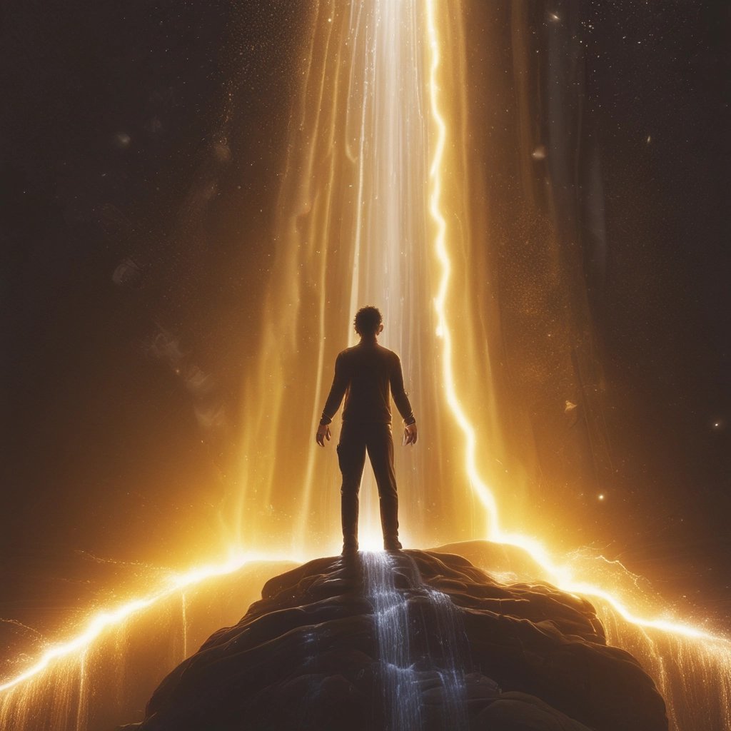 a man visualizing universal healing energy flowing from a waterfall