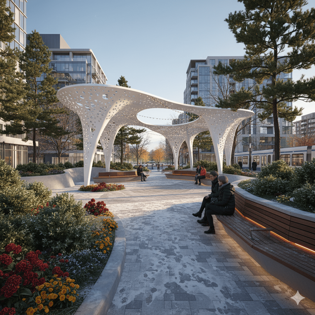 Urban public realm architecture study exploring mobility corridors and civic spaces in Toronto
