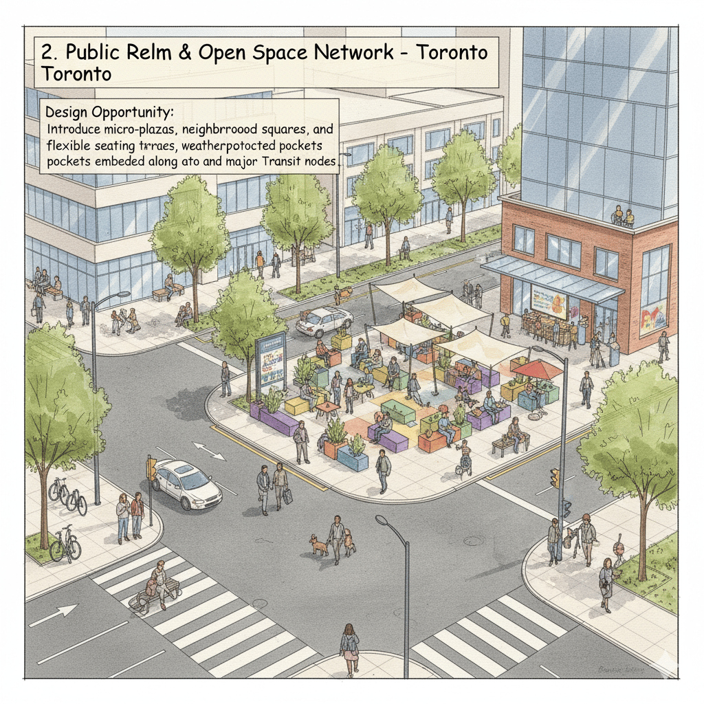 Urban public realm architecture study exploring mobility corridors and civic spaces in Toronto