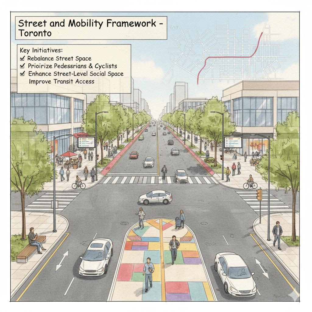 Urban public realm architecture study exploring mobility corridors and civic spaces in Toronto