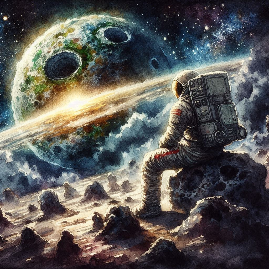 Astronaut seated on an alien world watching the collapse of a planet | simcaart.com