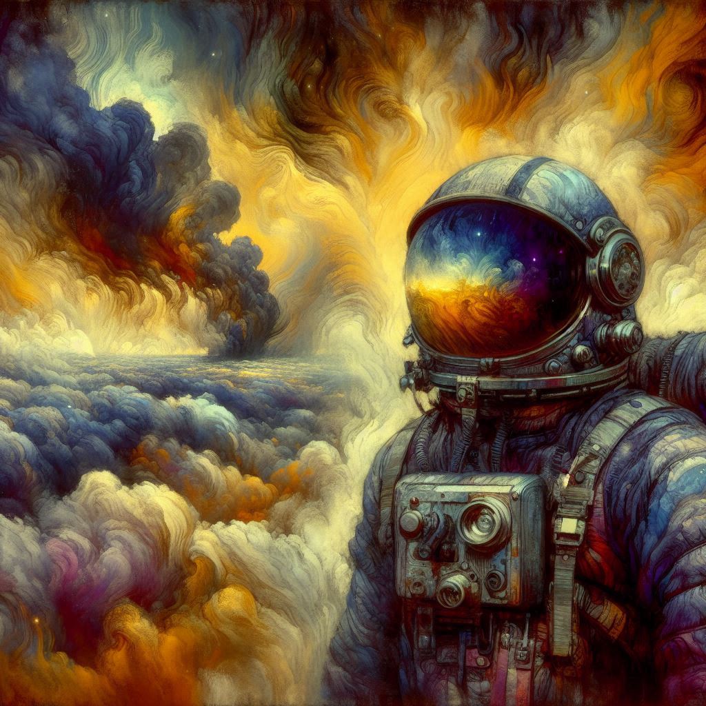 Astronaut portrait amidst a cool cloudy background | simcaart.com