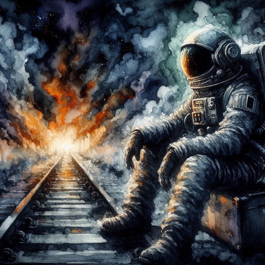 Astronaut seated by the railway | Spaceman art | Railway astronaut art | simcaart.com