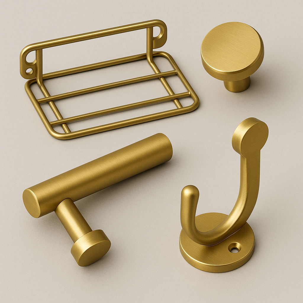 A_digital_photograph_displays_four_brass_hardware