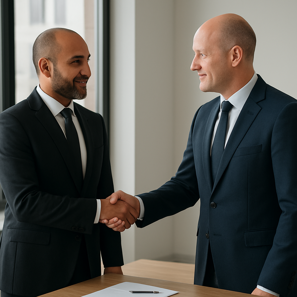 A confident businessperson shaking hands with a UK client in a modern office setting.