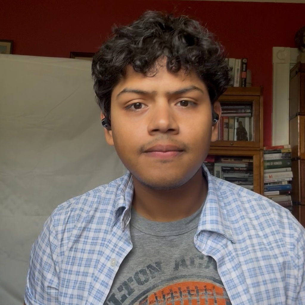 Young man with curly hair wearing a blue plaid shirt and wireless earbuds in a room.