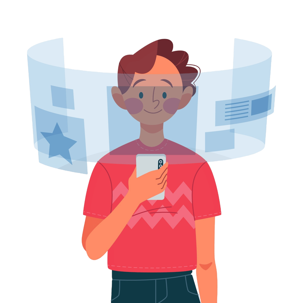 En mann i en rød skjorte holder en mobiltelefon.