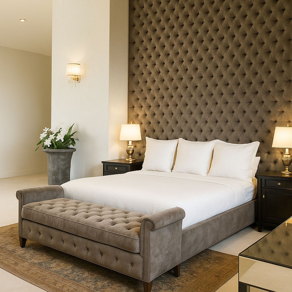 Tufted bed and bench with dark wall paneling, custom-designed by Solo Home Decor for a luxe bedroom.