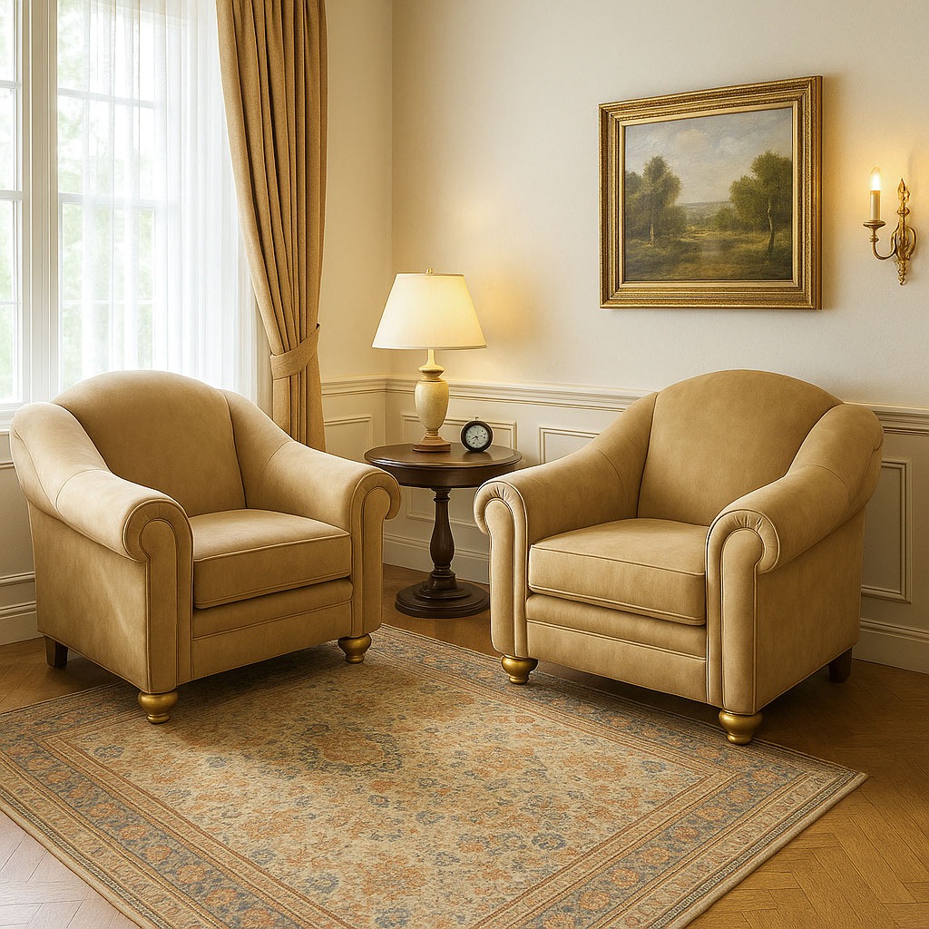 Pair of tan leather armchairs with rolled arms and wood feet, custom-designed by Solo Home Decor.