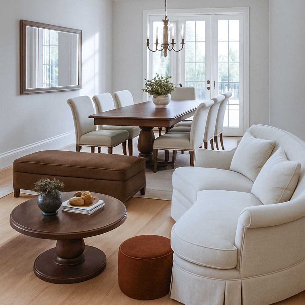 Neutral sofa paired with bold accent ottoman in a living room setting with layered textures.