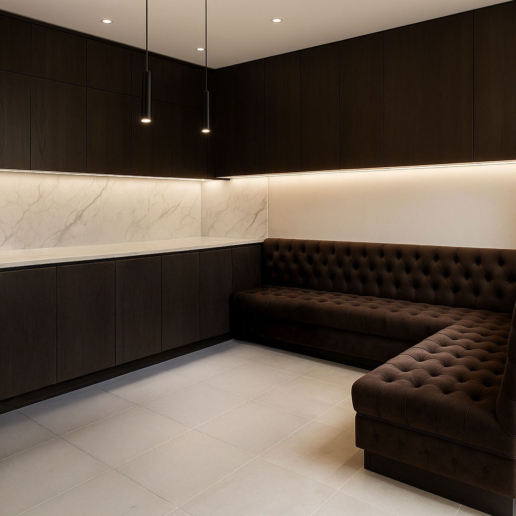 Rich brown tufted kitchen banquette with corner seating, designed by Solo Home Décor for elegant residential interiors.