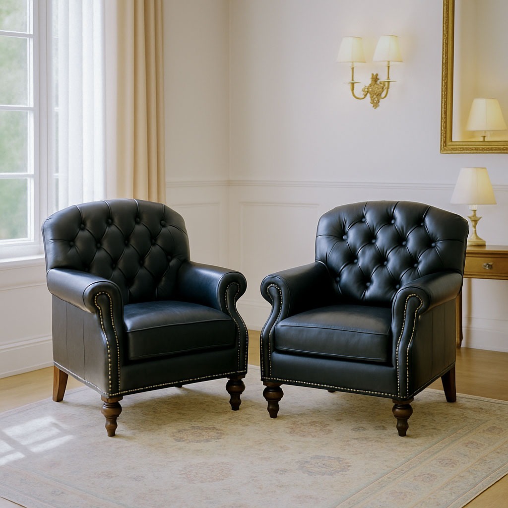 Two tufted black leather armchairs in a bright living room with soft drapes, sconces, and mirror.